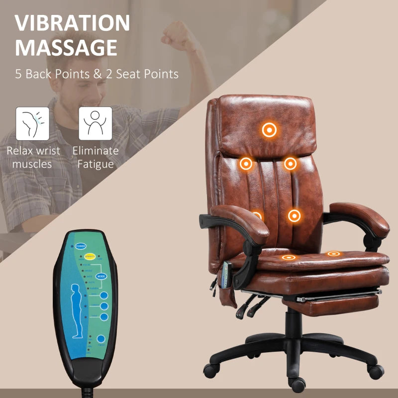 Vinsetto Brown PU Leather Office Chair with 7-Point Vibrating Massage, Adjustable Height, Reclining Back & Footrest - Comfort & Style