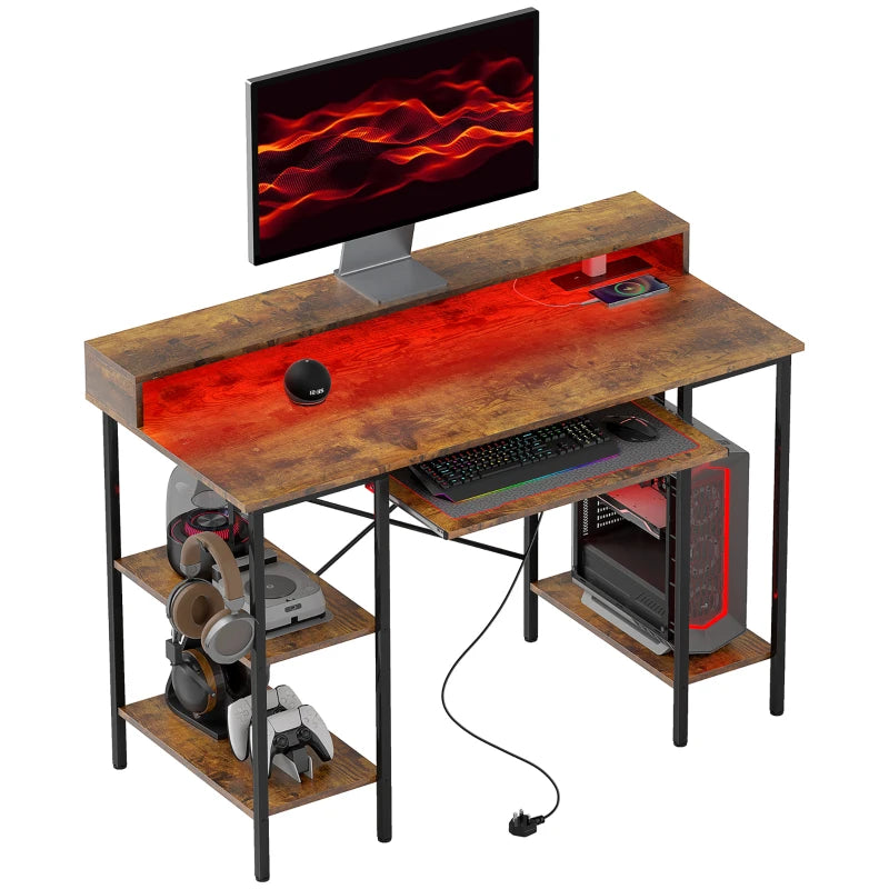 Rustic Brown Computer Desk with LED Lights & Power Outlets - 120x55 cm Gaming Desk with Monitor Stand & Storage Shelves