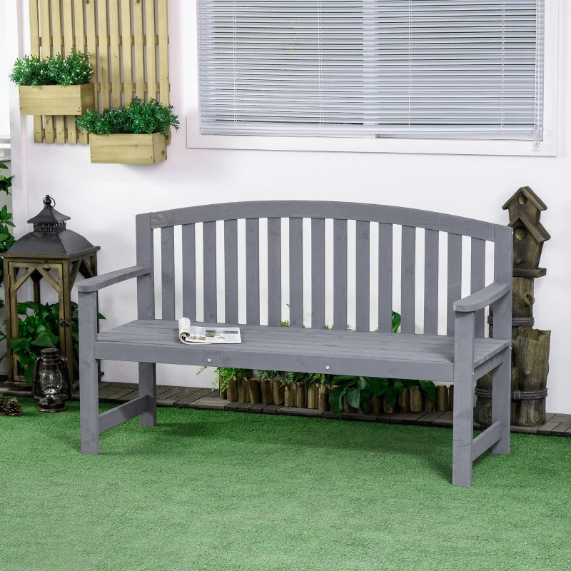 Grey 2-Seater Wooden Garden Bench with Armrest, Outdoor Furniture for Park & Balcony