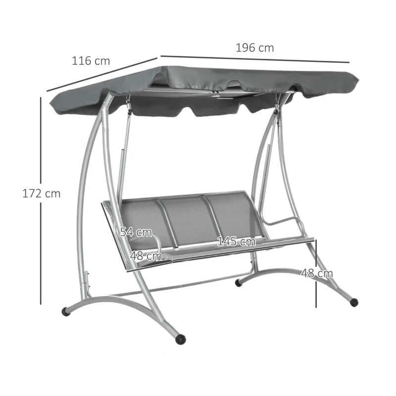 Grey 3-Person Steel Outdoor Swing Bench with Canopy