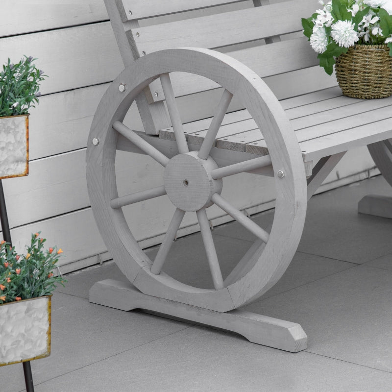 Grey Wooden Garden Bench with Wagon Wheel Design