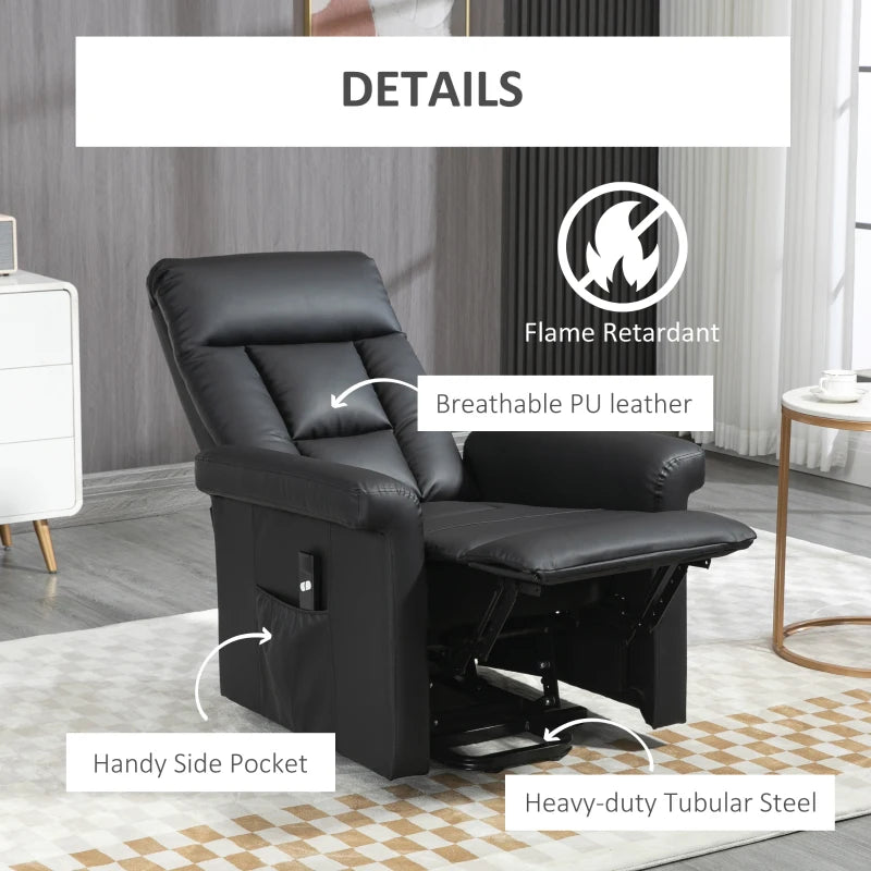 Power Lift Recliner Chair for Elderly - PU Leather Armchair with Extended Footrest, Remote Control and Side Pocket, Black