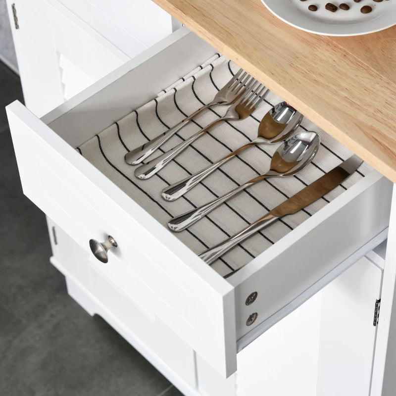 Modern Louvered Kitchen Cupboard - Stylish Storage Cabinet with Framed Glass Doors & 2 Drawers in White