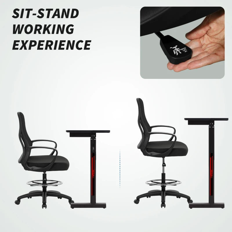 Vinsetto Ergonomic Drafting Chair with Adjustable Footrest & Lumbar Support - Mesh Office Chair for Standing Desks, Black