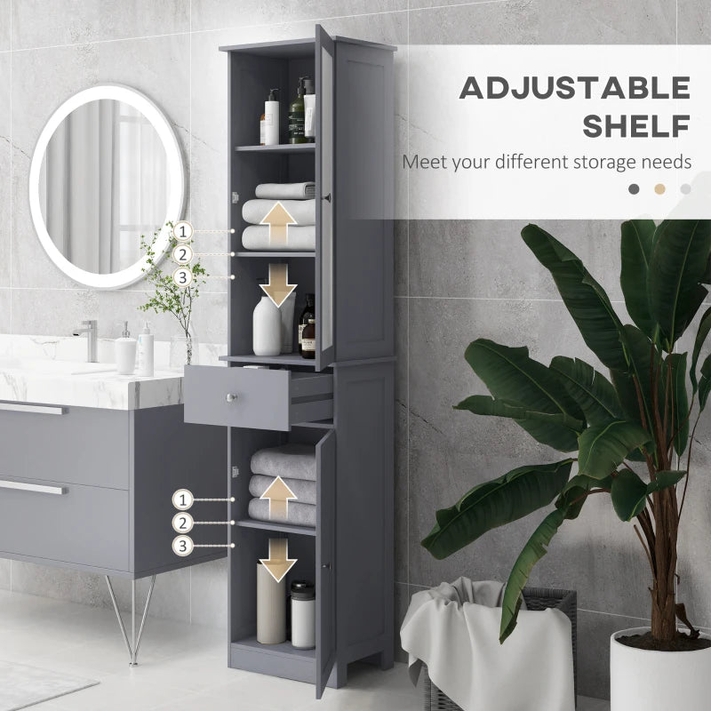 Bathroom Storage Cabinet with 3-Tier Shelf and Drawer Free Standing Slim Organizer Grey