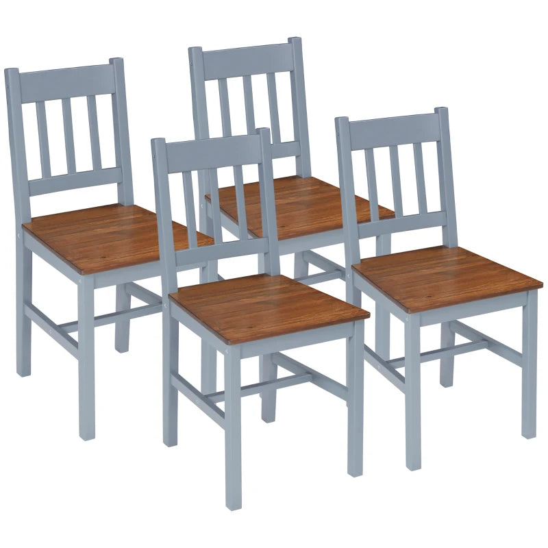 Set of 4 Grey Dining Chairs with Slat Back, Pine Wood Kitchen Chairs for Living Room & Dining Room