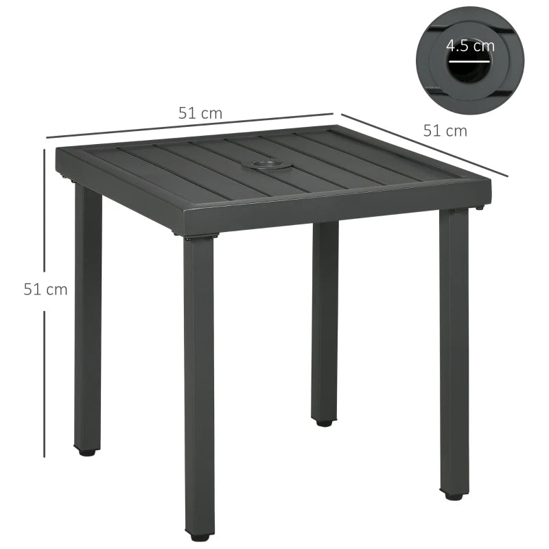 Grey Square Patio Side Table with Umbrella Hole, Steel Frame