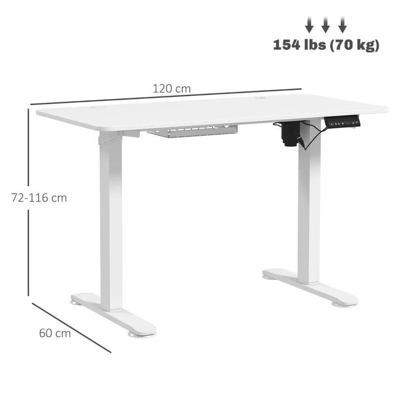 Vinsetto Adjustable Electric Standing Desk 72-116cm, 120x60cm White Tabletop - Ergonomic Home Office Solution