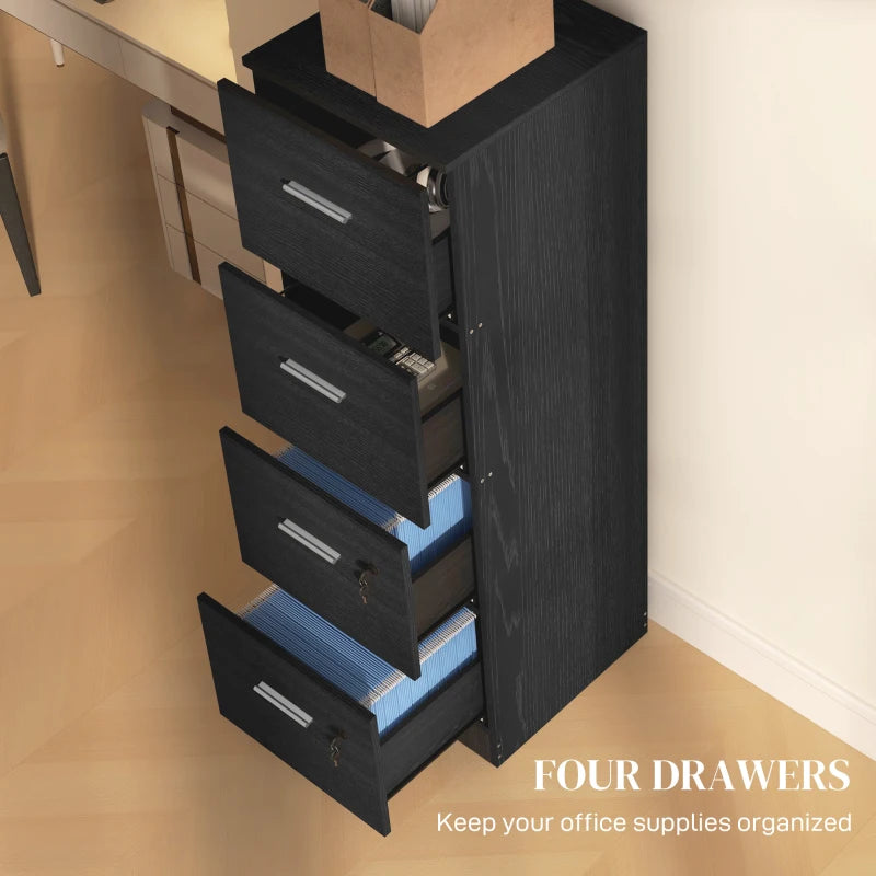 Stylish Black Wood Effect Four-Drawer Lockable Filing Cabinet for Secure Document Storage - Ideal for Home or Office