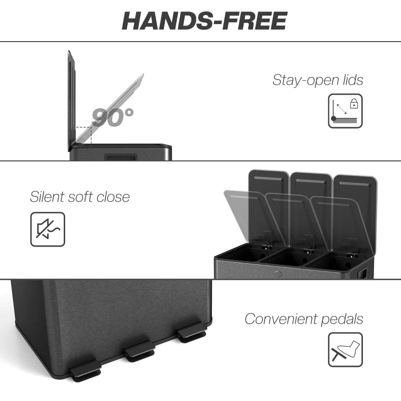 3 x 20L Steel Pedal Bin Set - Triple Kitchen Trash Can with Soft Close Lid, Removable Buckets, Fingerprint-Proof, Black