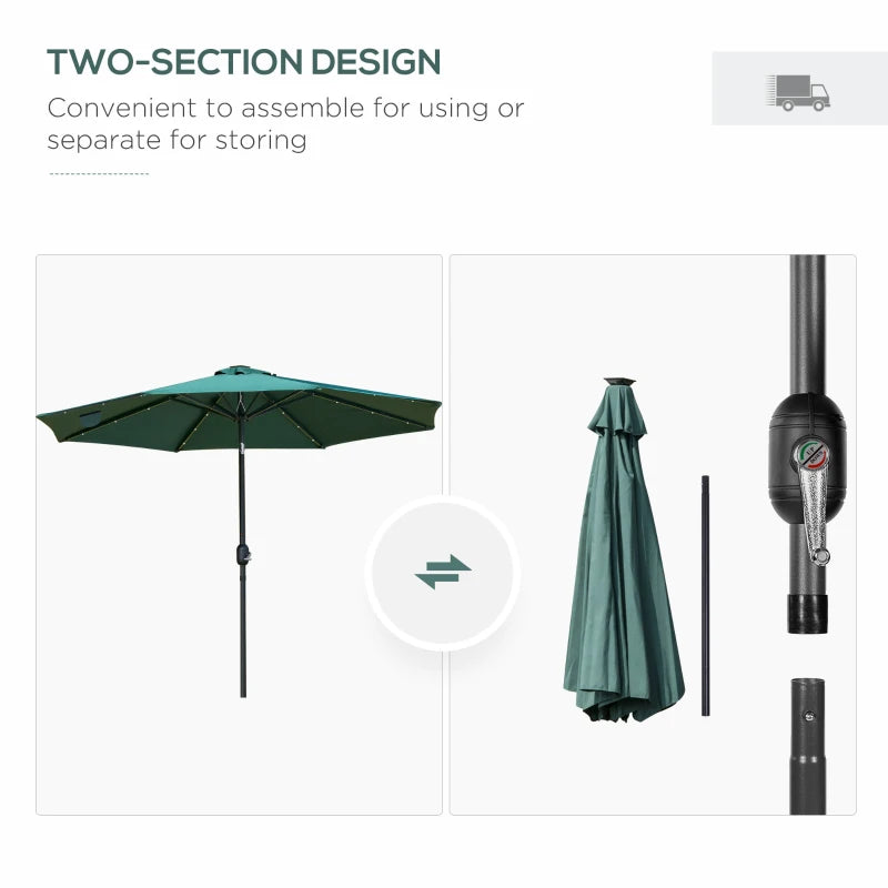 Green 2.7m Patio Garden Umbrella with Tilt Crank and LED Lights