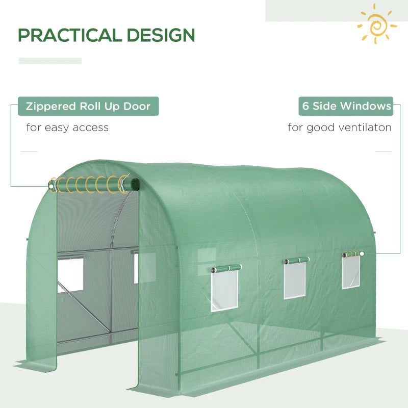 Green Walk-In Polytunnel Greenhouse, Steel Frame, PE Cover, Roll-Up Door, 6 Windows