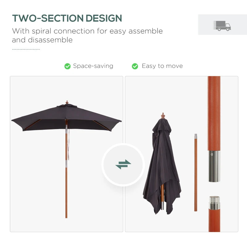 Grey 2m x 1.5m Tilting Garden Parasol Umbrella with Wood and Bamboo Frame