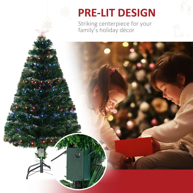 4ft Prelit Artificial Christmas Tree with Multi-Colored Fiber Optic LED Lights - Festive Holiday Home Decoration, Green Xmas Tree