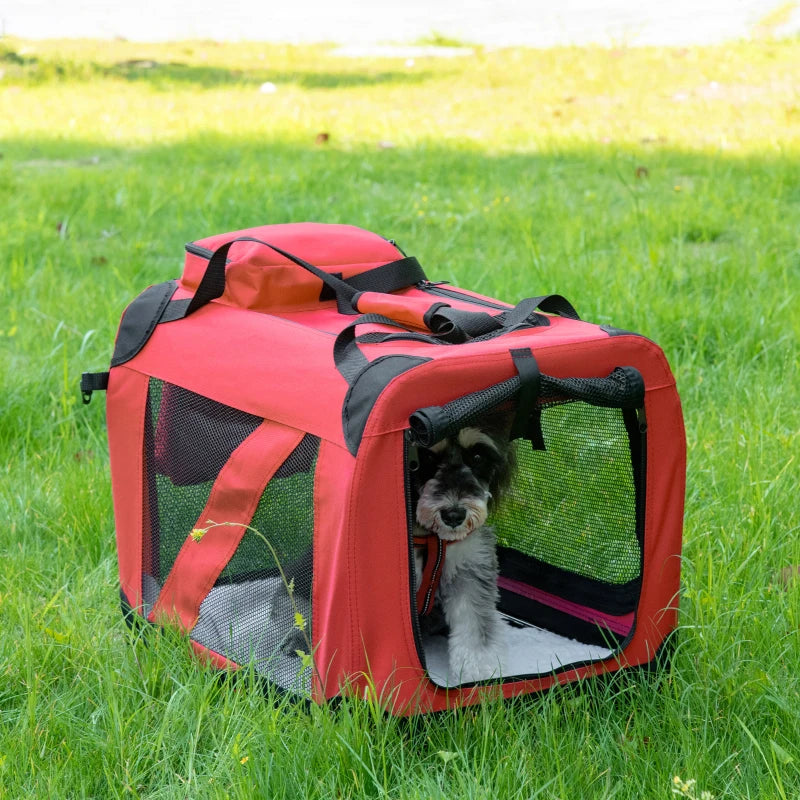 Foldable Pet Carrier for Small Dogs & Cats - Portable Soft-Sided Travel Crate with Removable Mat & Mesh Window - Red 60x42x42cm