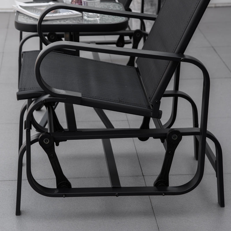 Black 3-Piece Metal Frame Gliding Chair Set with Glass Top Coffee Table