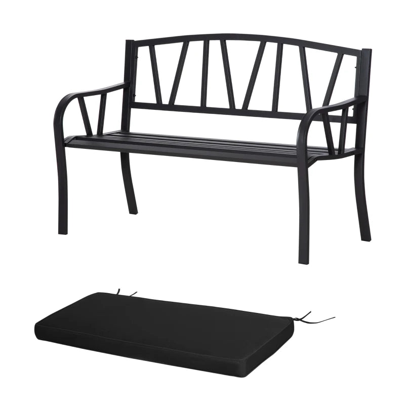 2-Seater Black Metal Garden Bench with Cushion - Slatted Outdoor Loveseat Chair with Decorative Backrest and Armrests