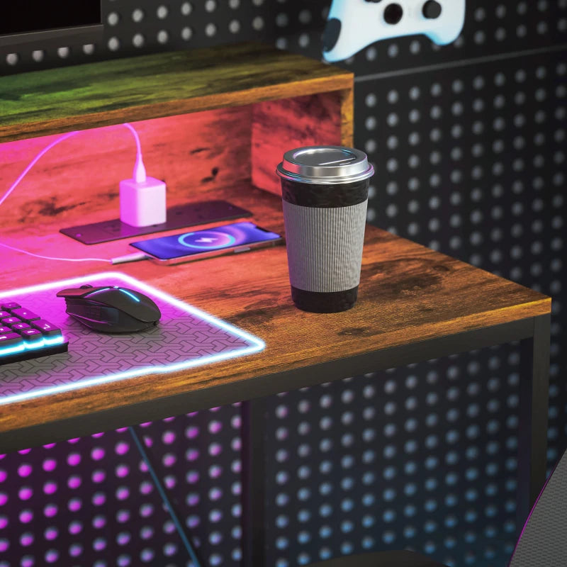 120cm Rustic Brown Computer Desk with LED Lights & Power Outlets, Gaming Table with Monitor Stand & Remote for Home Office