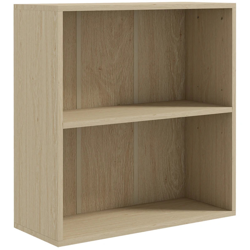 Natural 2-Tier Bookshelf - Adjustable Low Bookcase with 2 Compartments for Home Office, Living Room & Study