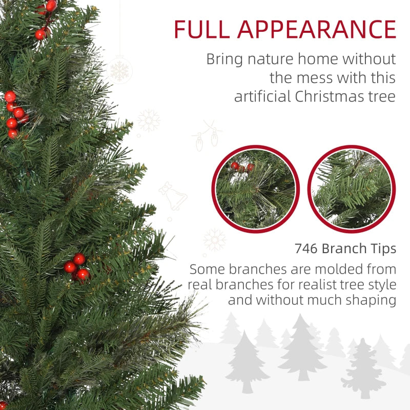 7ft Realistic Green Pencil Christmas Tree with Red Berries, Auto Open Feature - Perfect Holiday Decor