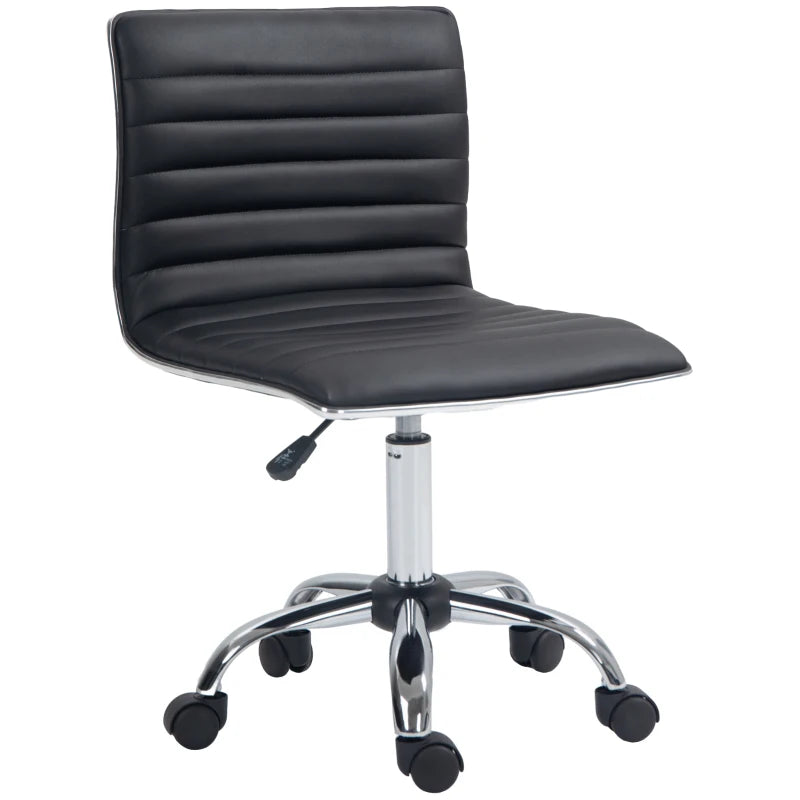 Armless Swivel Task Desk Chair with Faux Leather Adjustable Height Chrome Base and Wheels for Home Office Black