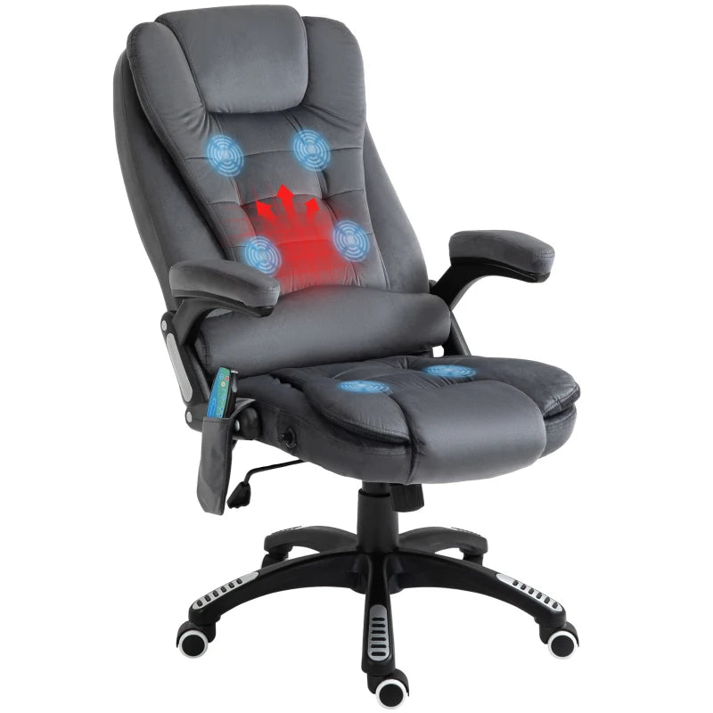 Vinsetto Heated Massage Recliner Chair - 6 Massage Points, Velvet Fabric, 360° Swivel, Grey Office Chair for Ultimate Comfort