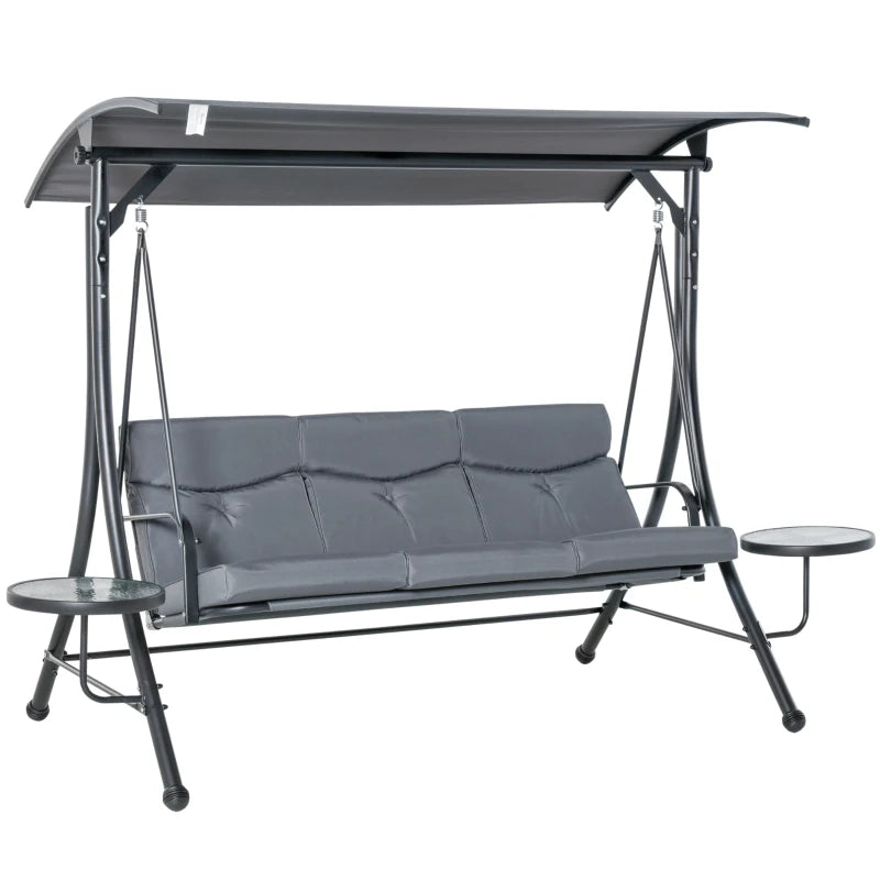 Grey 3-Seater Garden Swing Chair with Adjustable Canopy, Cushion, and Coffee Tables