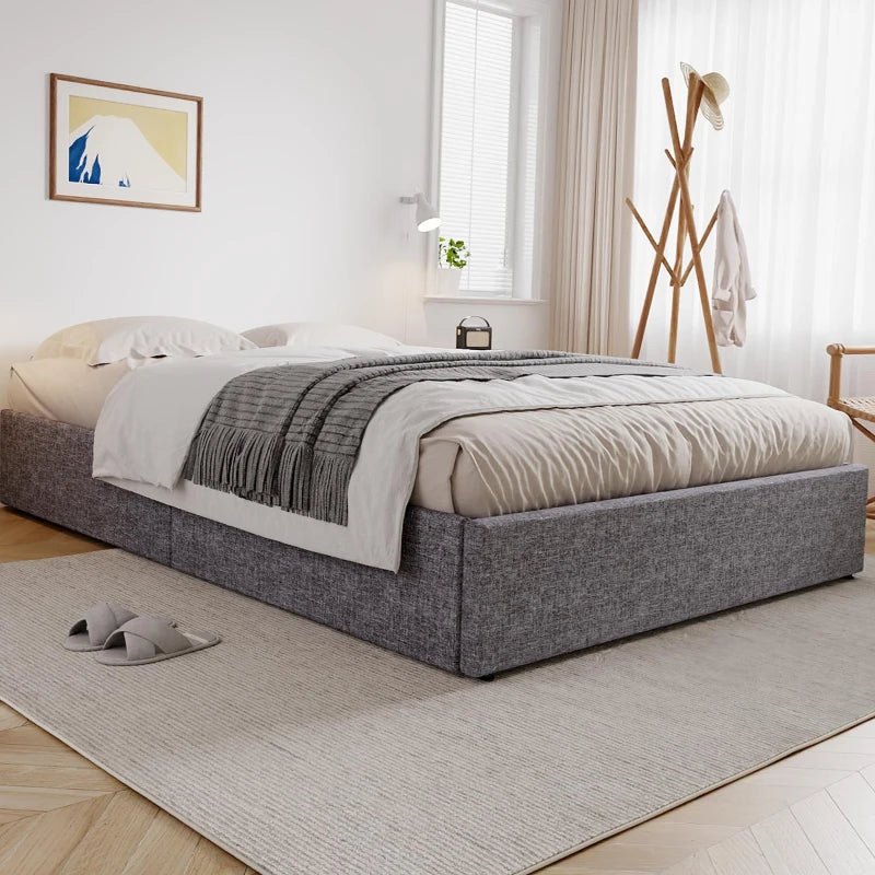 Upholstered Storage Bed with 4 Drawers - Double Bed with Iron Frame & Wooden Slats, Grey, 193.5 x 141 x 30 cm