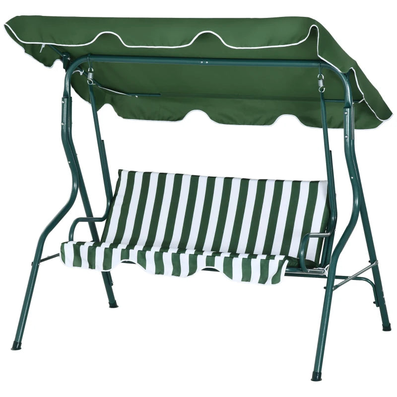 Green Striped 3-Seater Outdoor Swing Bench with Adjustable Canopy