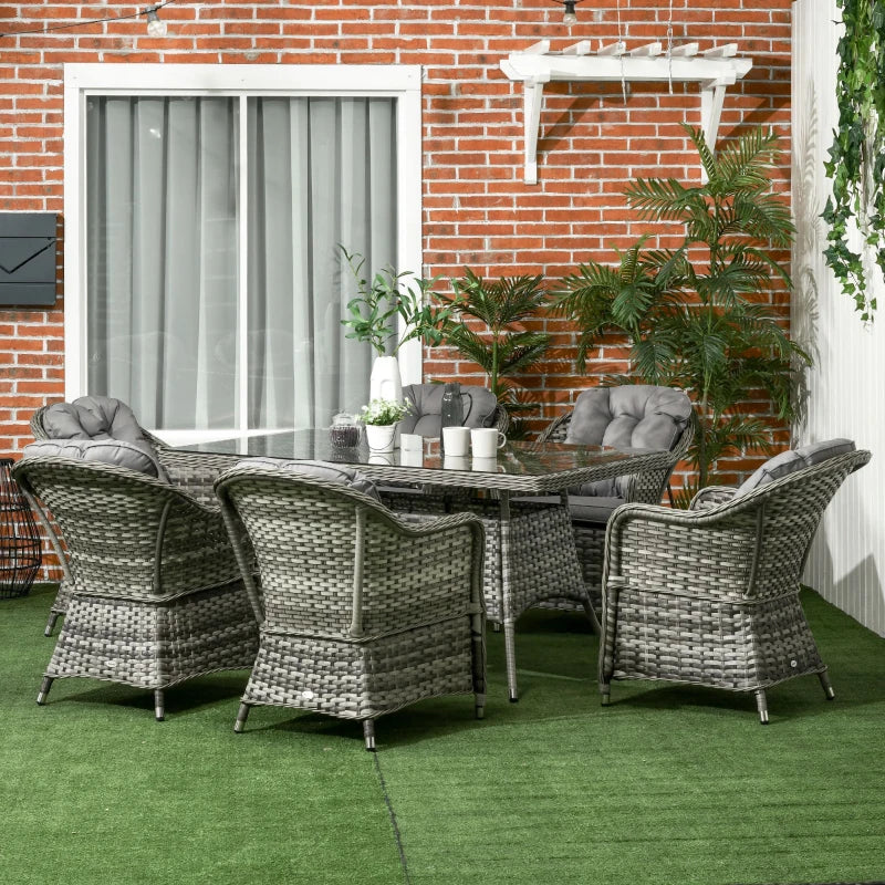 7-Piece Grey Rattan Outdoor Dining Set with Glass Table & Umbrella Hole