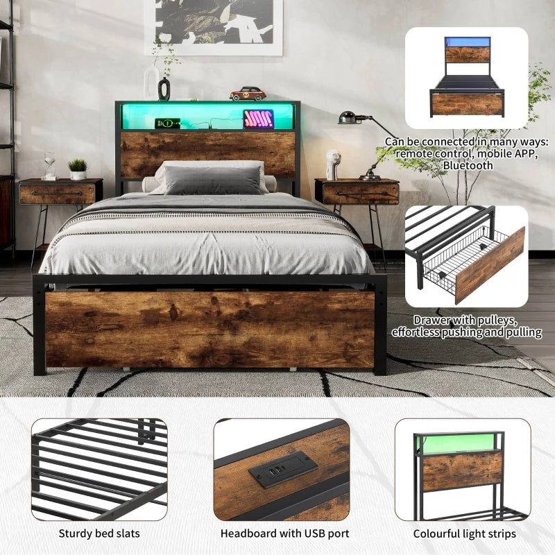 Unique Black Metal Bed with LED Light Strip, USB Ports & Drawer - Modern Bedroom Furniture, 207.5x90.5x105 cm, Dark Walnut Accent