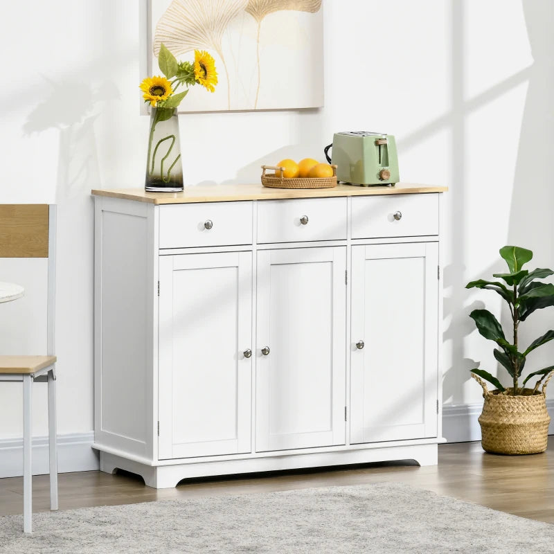 Modern White Sideboard with Rubber Wood Top Storage Cabinet for Dining Room and Living Room 3 Doors 3 Drawers and Adjustable Shelves