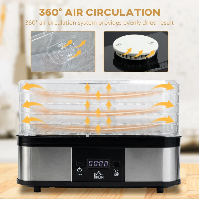 5-Tier Stainless Steel Food Dehydrator - 245W Adjustable Temperature & Timer, LCD Display for Fruits, Vegetables, Jerky & Pet Treats