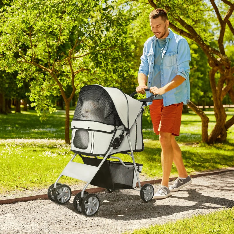 Foldable Pet Stroller for Small Dogs & Cats - Travel Carriage with Wheels, Zipper Entry, Cup Holder & Storage Basket - Grey