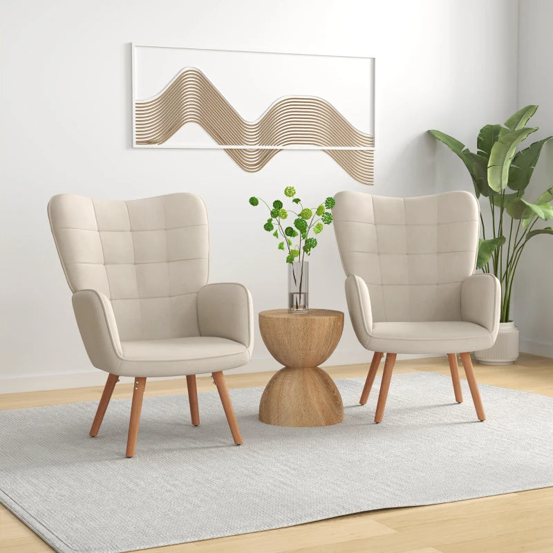 Modern Velvet Accent Chair Set of 2 - Tufted Wingback Armchairs, Cream White Upholstered Lounge Chairs with Wood Legs