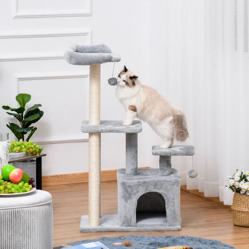 Light Grey Cat Tree Tower 114cm - Indoor Climbing Activity Centre for Kittens with Scratching Post, Perch & Hanging Ball
