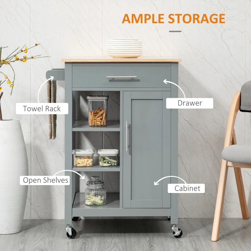 Compact Kitchen Trolley Utility Cart on Wheels with Open Shelf & Storage Drawer - Grey Dining Room & Kitchen Organizer