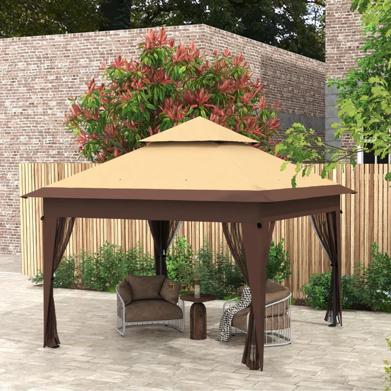 Khaki Pop-Up Gazebo with Mosquito Netting and Double Roof