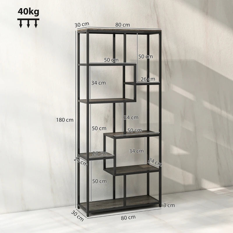 Unique Seven-Tier Geometric Bookcase in Grey and Black - Modern Storage Solution for Home or Office Decor