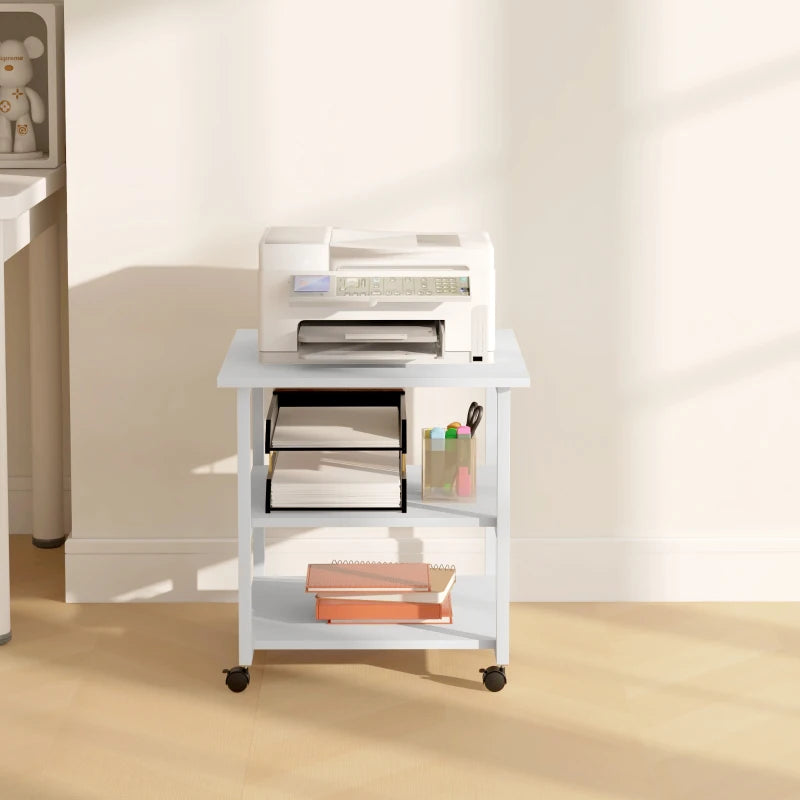 Three-Tier White Steel Printer Stand on Wheels - Mobile Storage Solution for Home Office & Workspace Organization
