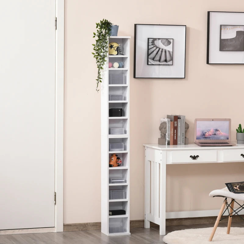 Set of 2 White CD Media Display Shelves - Adjustable Blu-Ray Tower Rack & Bookcase Storage Organizer