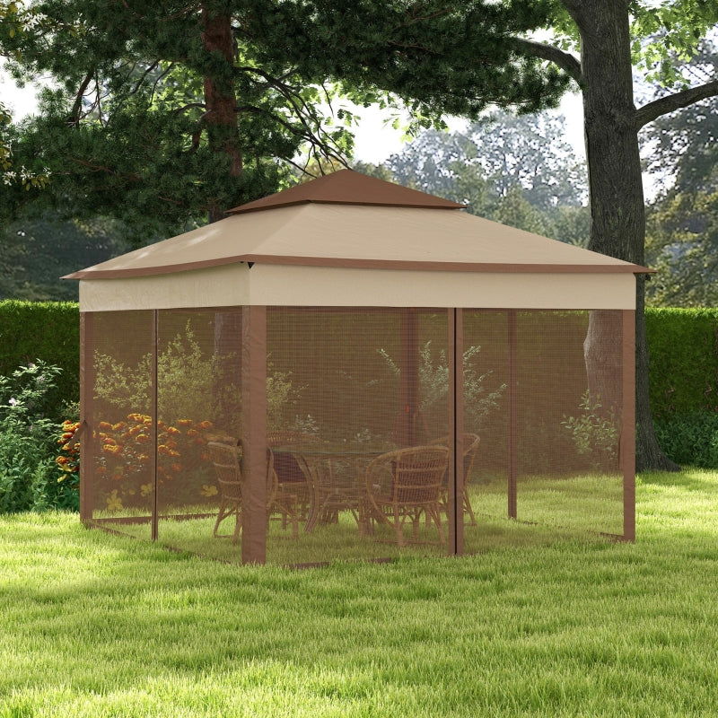 Khaki Double-Roof Pop Up Gazebo with Netting and Carry Bag