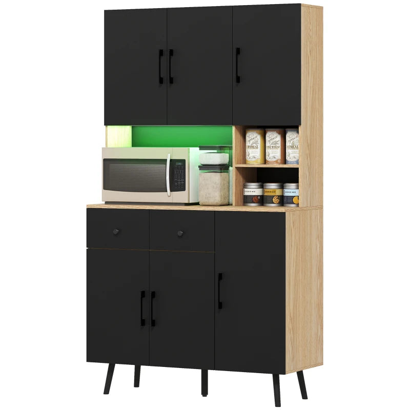 176 cm Modern Kitchen Cupboard with LED Lights - Stylish Oak and Black Storage Solution for Home