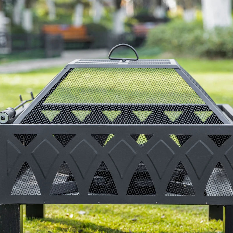 66cm Black Outdoor Fire Pit with Screen Cover & Poker - Wood Burning Firepit Bowl for Patio & Backyard
