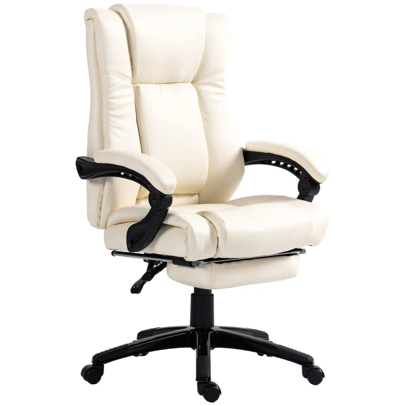 Vinsetto Cream White PU Leather Office Chair - Swivel Computer Chair with Footrest, Adjustable Height & Wheels