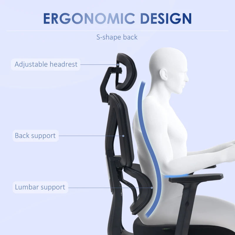 Vinsetto Adjustable Mesh Office Chair with Lumbar Support, Swivel Wheels & Headrest - Ergonomic Black Desk Chair