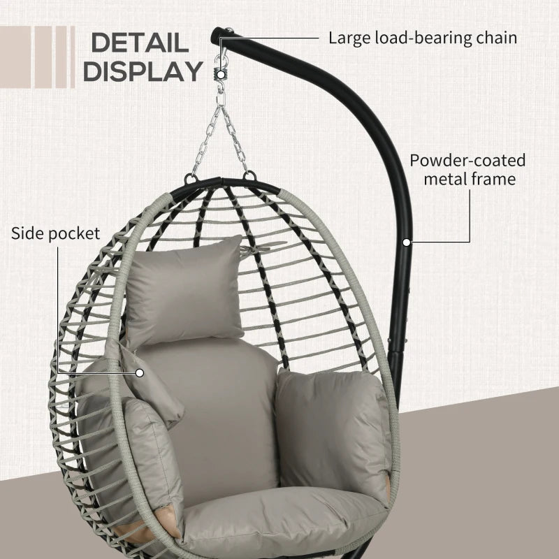 Grey Rattan Hanging Egg Chair with Seat Cushion