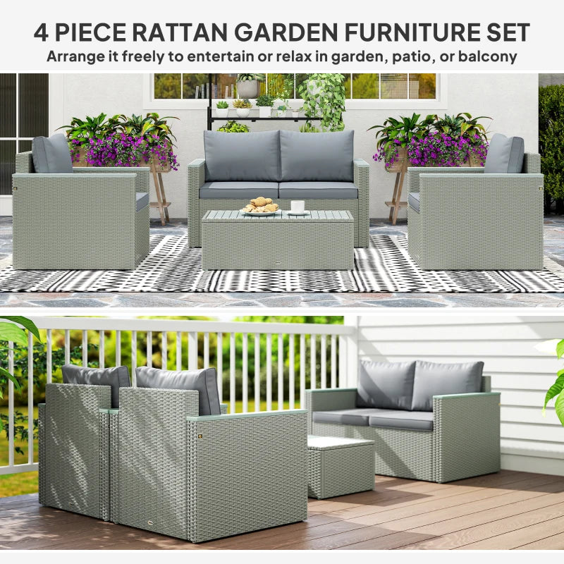 4 Piece Rattan Garden Furniture Set - Wicker Outdoor Sofa, Armchairs & Coffee Table - Light Grey