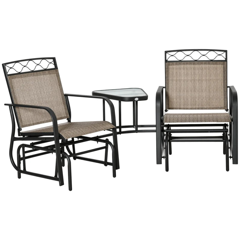 Brown Double Patio Glider Chair with Table - Outdoor 2 Seater Rocking Bench