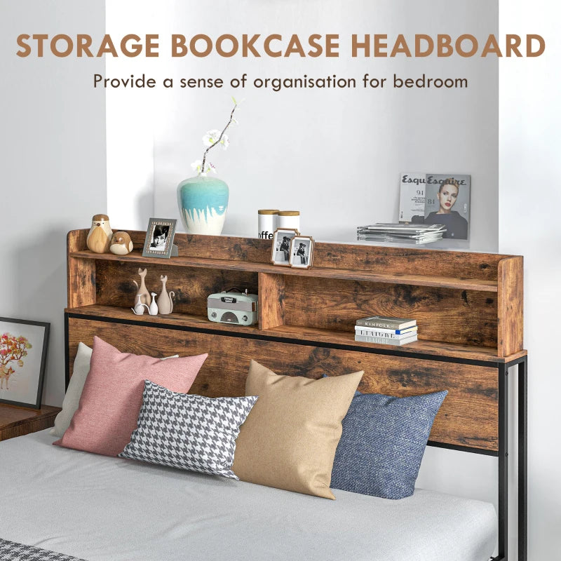 Industrial King Bed Frame with Storage Headboard & Footboard, 5.2FT Steel Base, Slatted Support, Rustic Brown, 158x222cm
